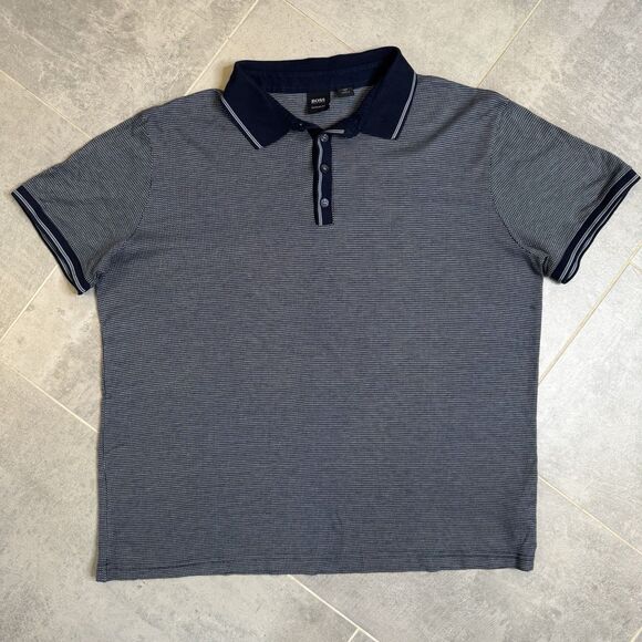 Boss Hugo Boss Navy White Dobby Polo Shirt Mens XXL VGUC Cotton - Picture 1 of 9